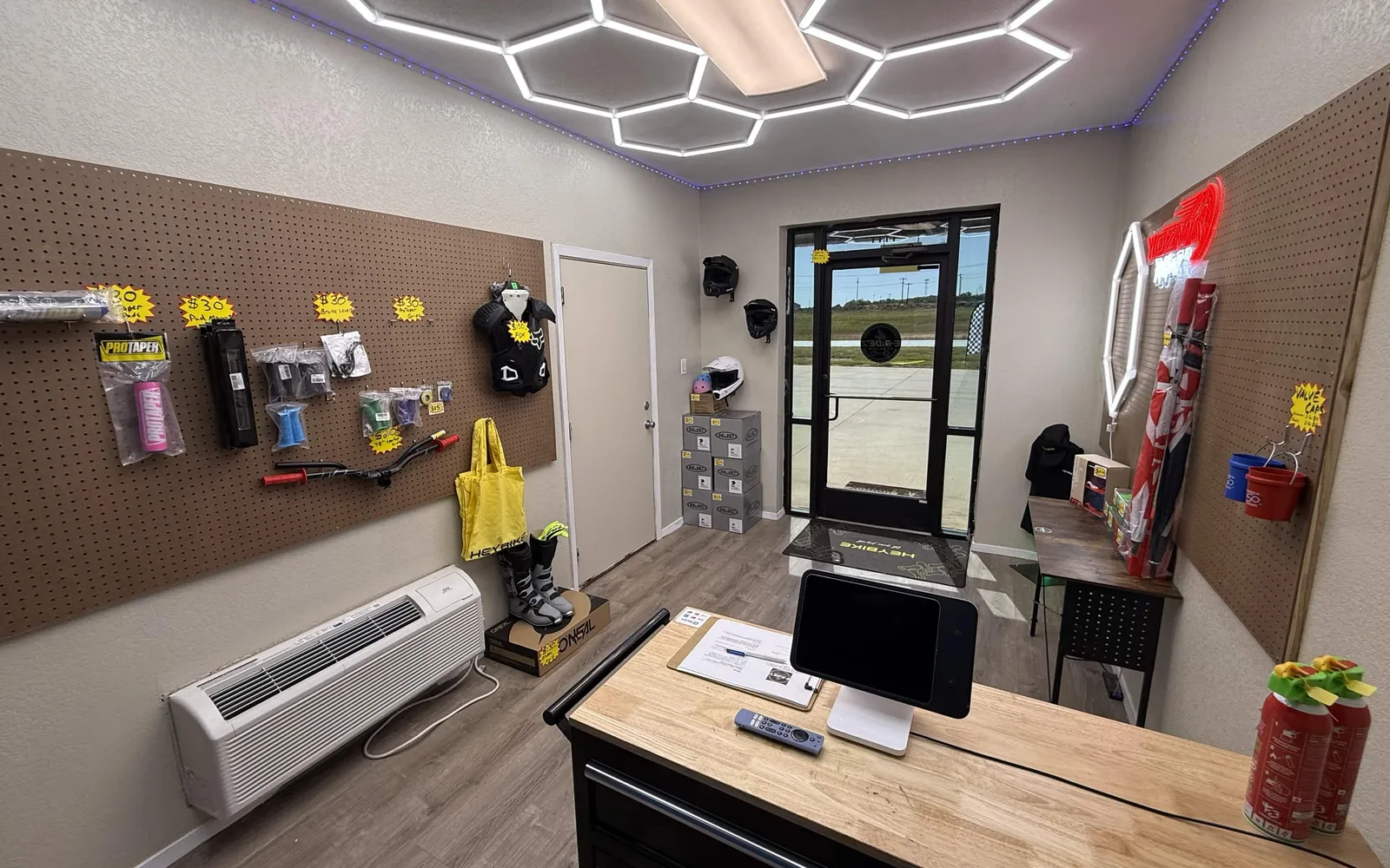 The parts wall and service counter inside E-Ride'z of Abilene